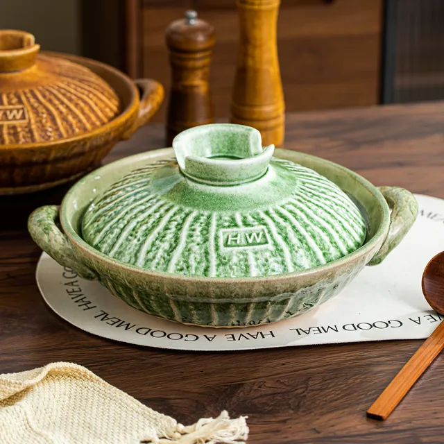 Reactive-Glaze Casserole, Medium Shallow, Brushed Green glaze
