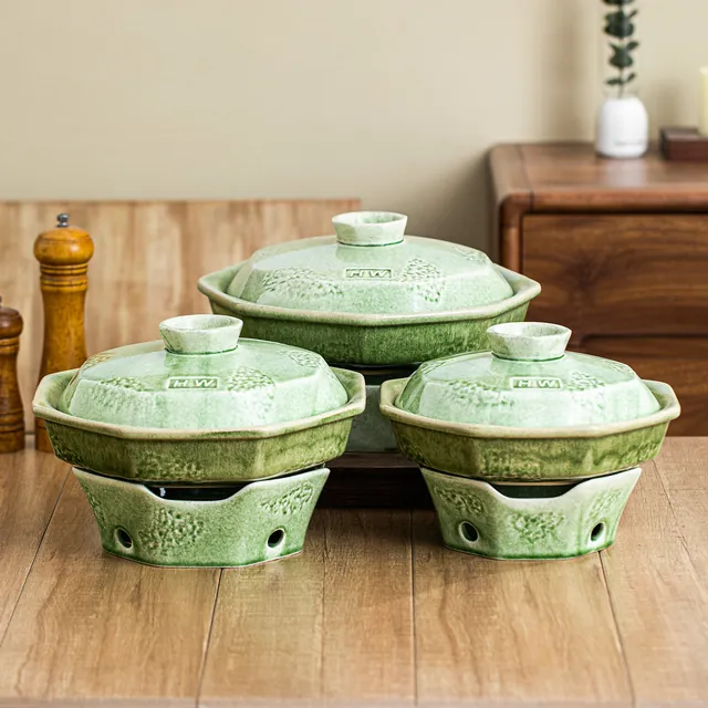 Reactive-Glaze Octagonal Clay Pot, Brushed Green glaze